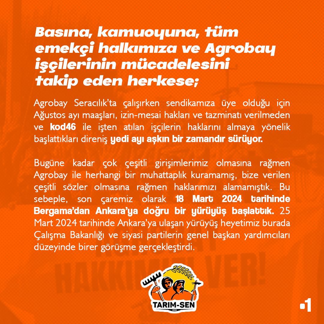 tarimsendikasi's tweet photo. İLK KAZANIMIMIZI ALDIK 👏🏻 

Agrobay işçisi kadınların gücü, kamuoyunun desteği ilk kazanımı getirdi. İşçilerin içeride kalan maaş ve yıllık izin ücretleri yatırıldı. Kalan alacaklarımız için süreç devam ediyor.

Bitti dedikleri noktadan kazanımla geldik. Zaferi de ilan edeceğiz! https://t.co/zrRGDzBT7M
