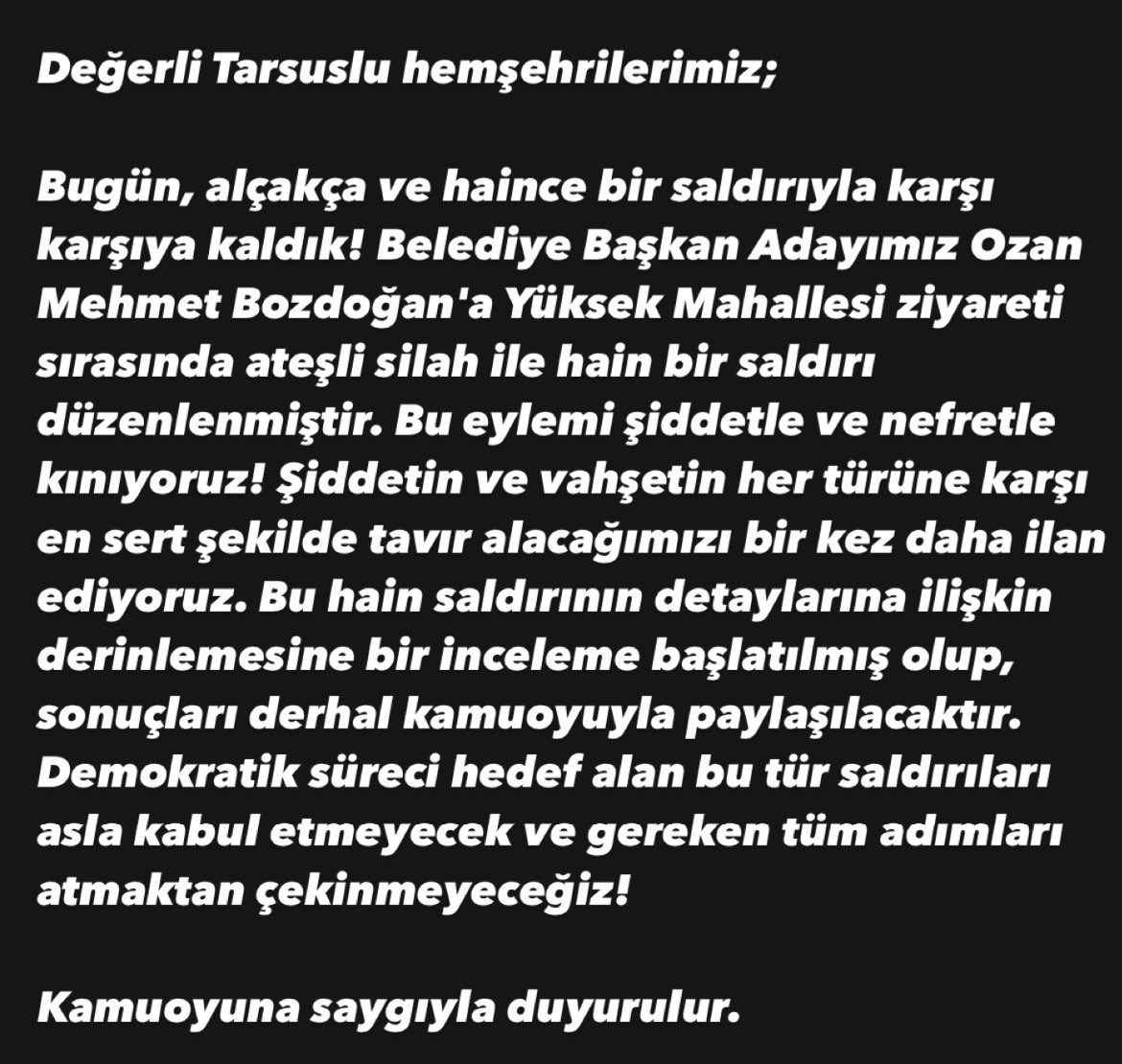 drhalukbozdogan's tweet photo. KAMUOYUNA DUYURU!

#Demokrasiyebirkurşundaha
#Korku #BelediyeBaşkanAdayıSaldırı #OzanBozdoğanaSaldırı #OzanBozdoganYalnızDeğildir #KorkuyorlarKorkacaklar
#MemleketPartisi 

@MemleketimParti @vekilince https://t.co/VhyMwSIAP5