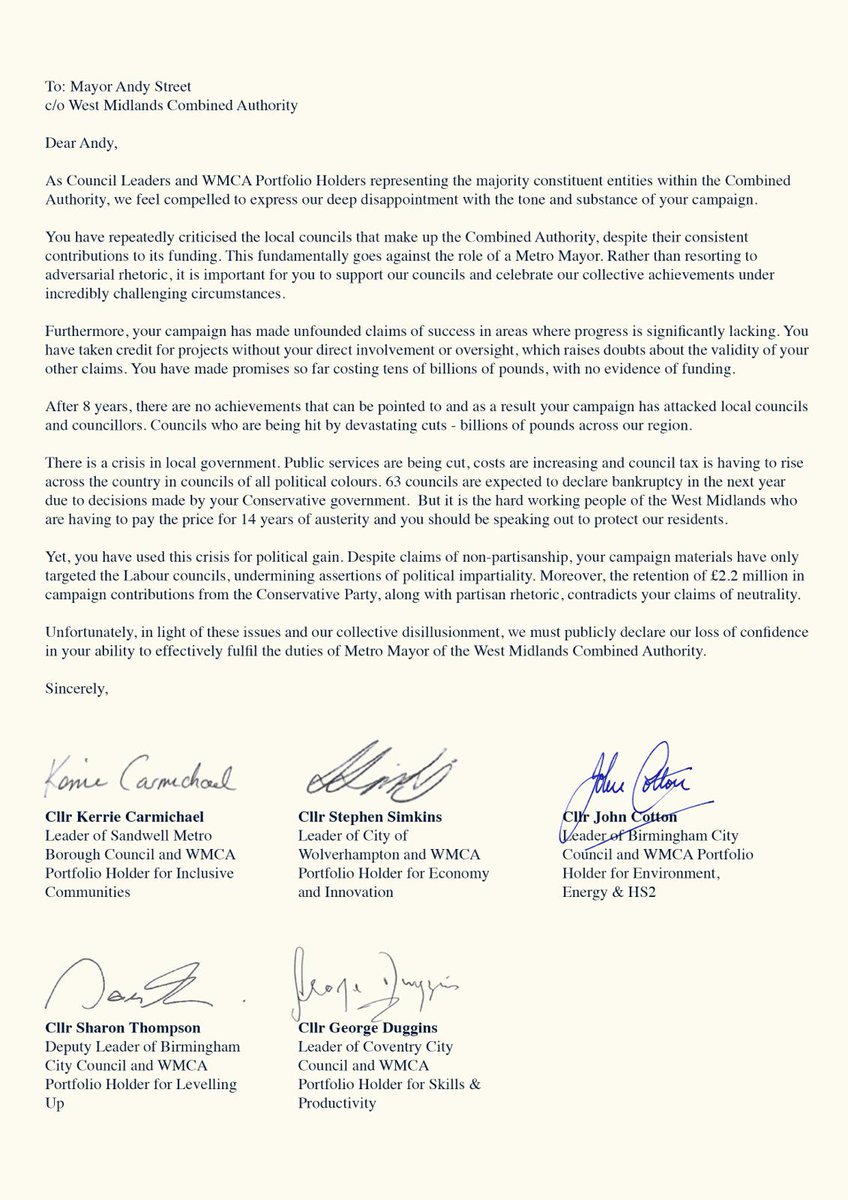Today, I and my fellow West Midlands Council Leaders and Portfolio Holders have written to Andy Street to publicly declare our loss of confidence in his ability to lead our region. We need a Mayor that will stand up for local authorities, not undermine us for political gain.