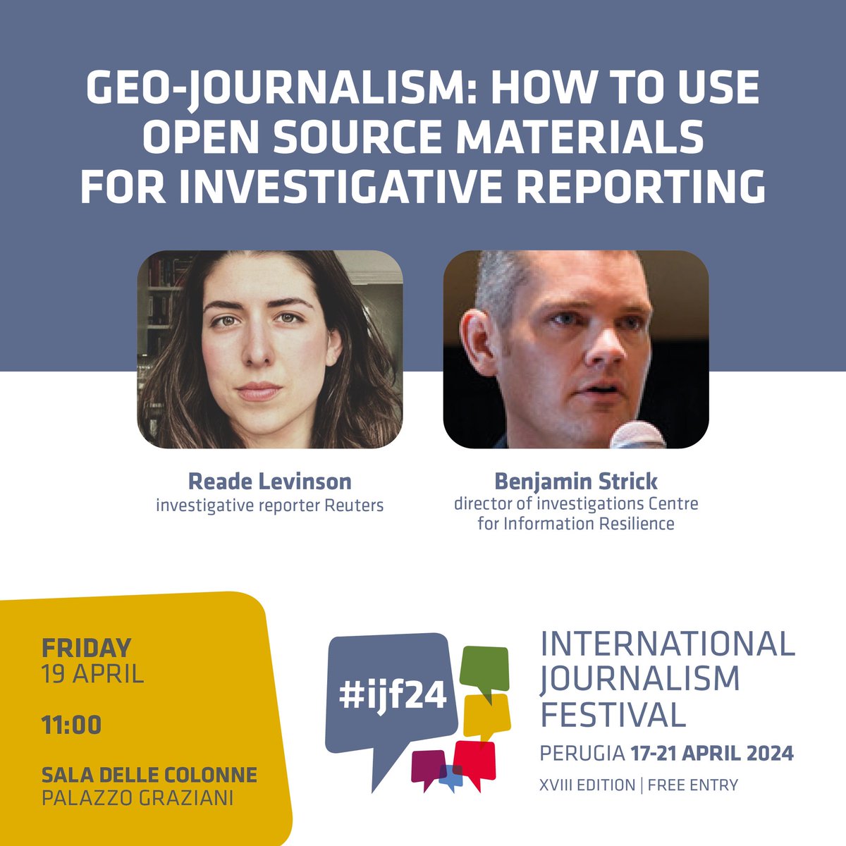 🔴 SAVE THE DATE! 'Geo-journalism: how to use open source materials for investigative reporting' #ijf24 with @readelev @BenDoBrown 🎥Live & On Demand > on Fri, Apr 19th journalismfestival.com/programme/2024…
