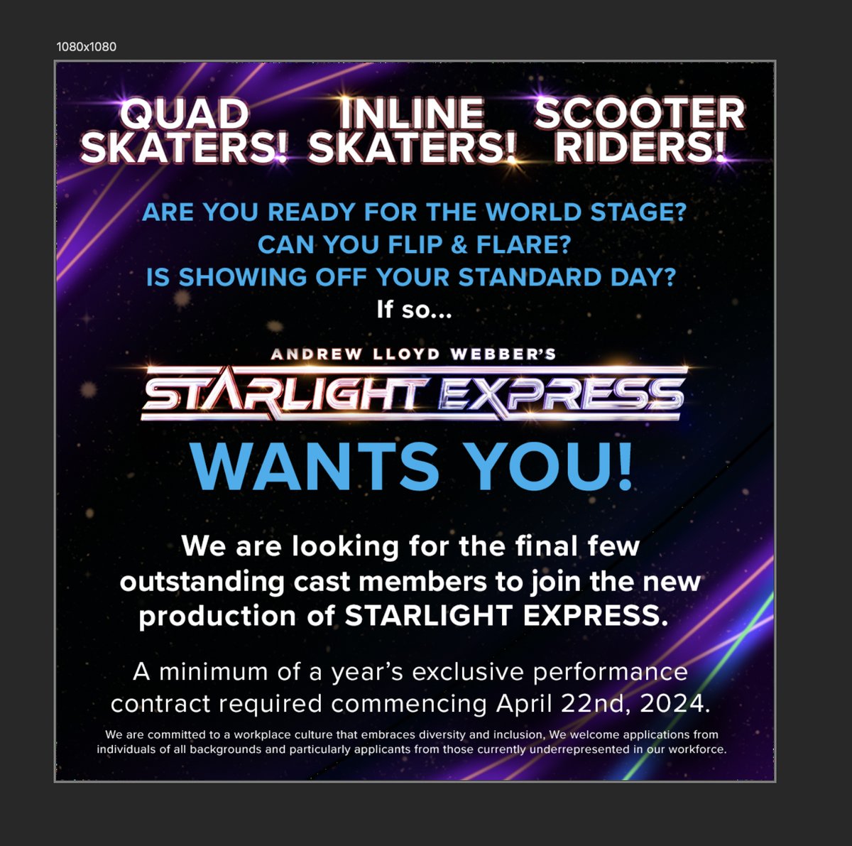 CALLING ALL STUNT SKATERS! We are looking for our final few to join the outstanding cast announced today! Website link below for full details. Auditions at a skate park in London next week. #skating #rollerskating #inlineskating #scooterriders pearsoncasting.com/starlightexpre…