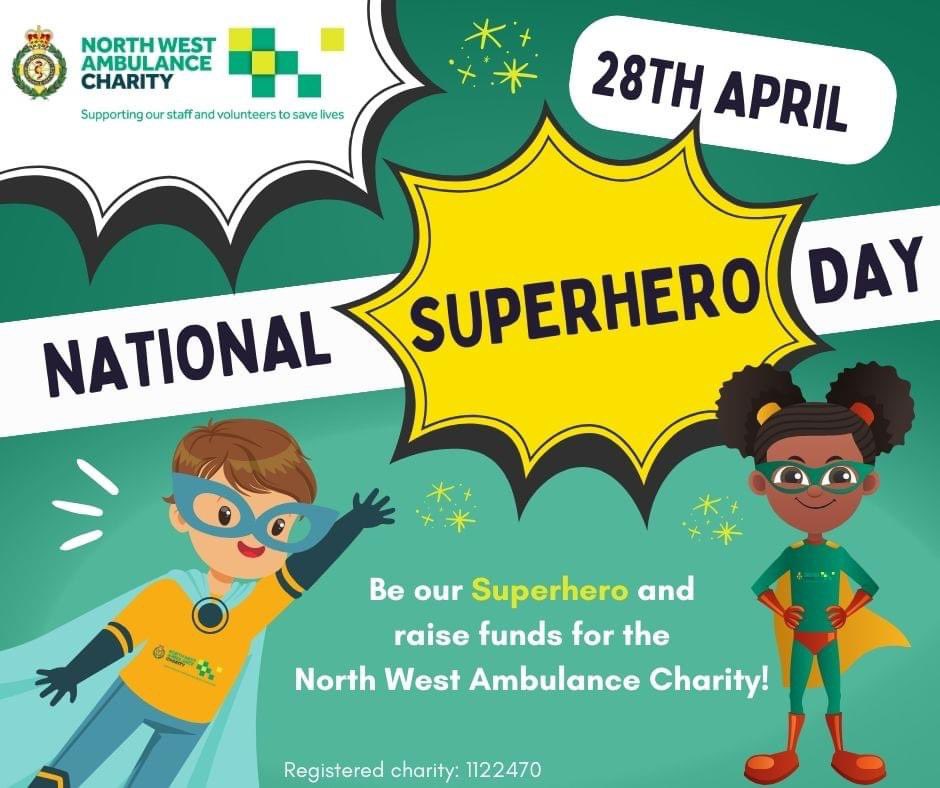 Do you have links with a school or group who might want to take part in our Superhero Day fundraiser?🦸‍♀️🦸🏻 Dress up and donate £1 and support your local ambulance charity. Email for more information at charity.office@nwas.nhs.uk Your support could be lifesaving 💚