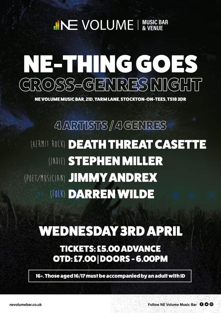 Why go see Jimmy Andrex @nevolumebar ? Well, Tim Robinson says he’s “superb” & Ian McMillan said he “moved me to tears.” Plus it’s a lovely local venue, four acts on the bill what’s not to like? @BBC6Music @BBCTees @bbcintroducing @TeessideLive @TeessideUni