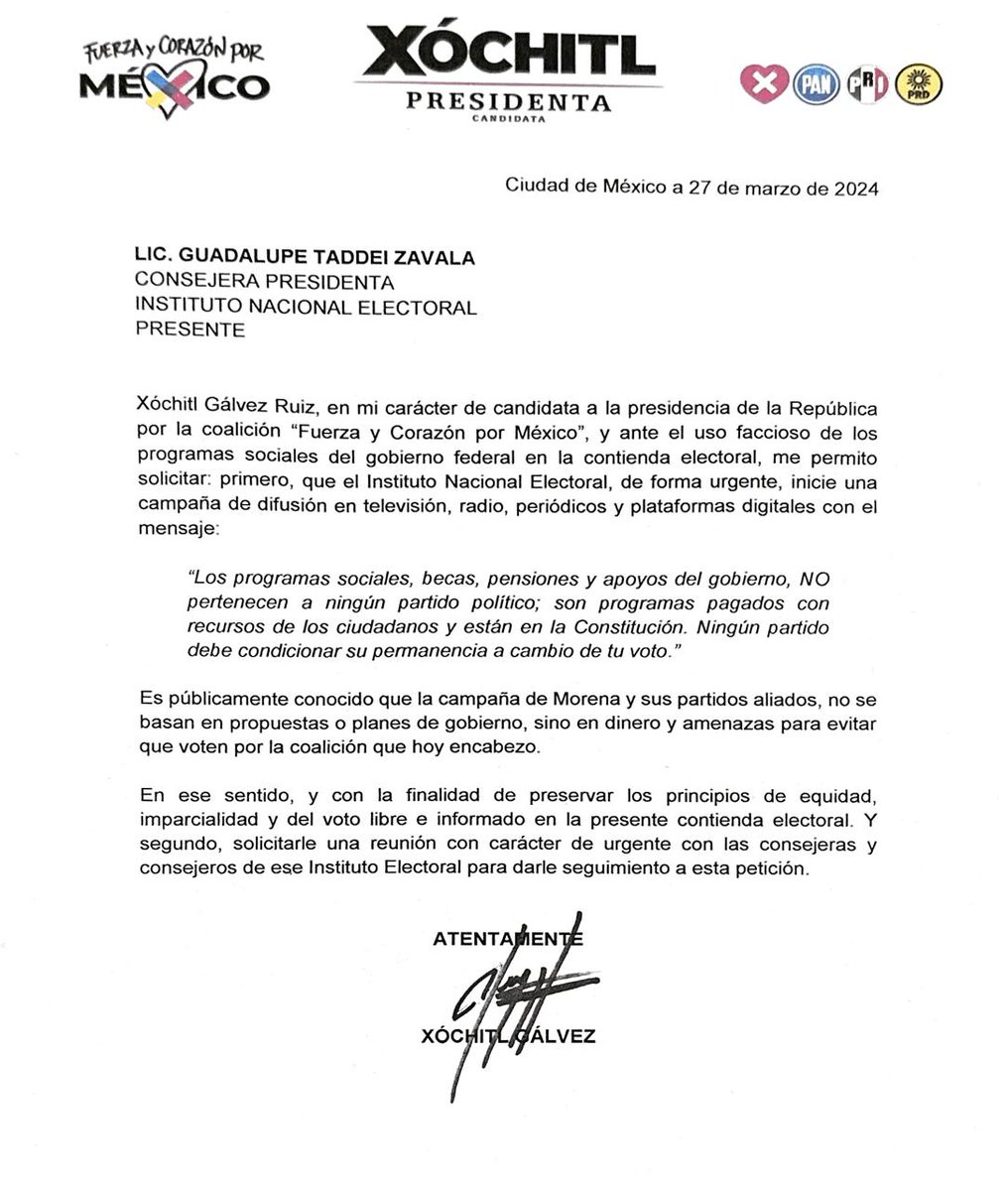 XochitlGalvez's tweet photo. Solicitud a Guadalupe Taddei Zavala, Consejera Presidenta del @INEMexico: https://t.co/jAoO9SSLnp