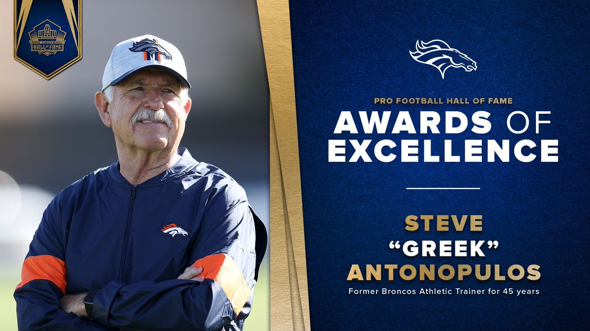 RT to join us in congratulating former Broncos longtime athletic trainer Steve 'Greek' Antonopulos on being named a @ProFootballHOF Awards of Excellence recipient! 👏 📰 » bit.ly/3xaV8kW
