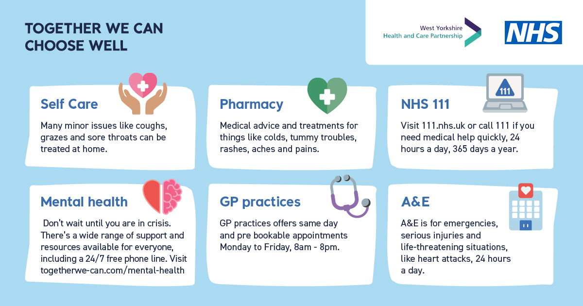 togetherwe-can.com has advice to help you choose the right service. Local health services are really busy so it’s useful to know about the services available if you become unwell.