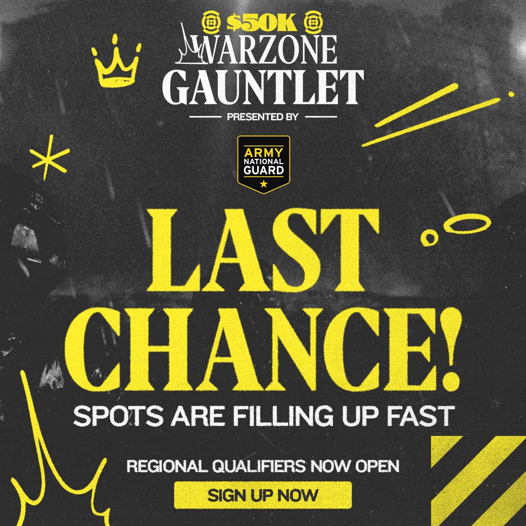 This is your official LAST CHANCE REMINDER to sign up for the @NationalGuard $50,000 Warzone Gauntlet. Show the world why your region is the best at CoD and sign up now with the link in replies.