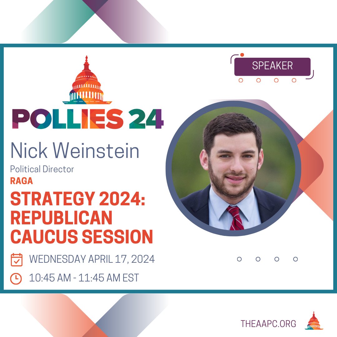 Don't miss this Republican Caucus Session where @nickweinstein with @RepublicanAGs and other experts dive deep into the heart of campaign dynamics with this exclusive closed-door breakout. Register for #Pollies24 to attend! bit.ly/4141aih