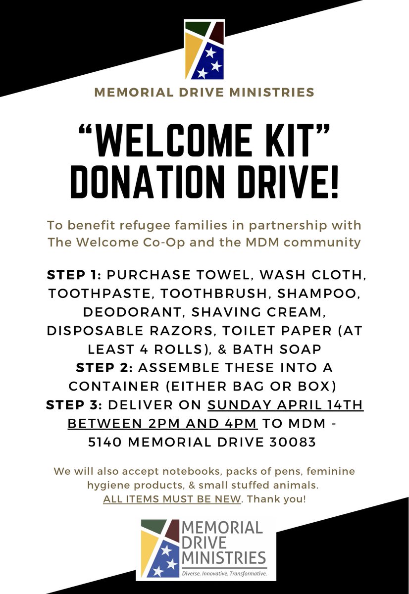 atlpcusa's tweet photo. MDM is collecting Welcome Kits for newly arriving refugee families. Welcome Kits make such a big and immediate difference for these newest arrivals to GA, and MDM would love to raise over 1,000 welcome kits through this effort!

https://t.co/w1VsO97oxo https://t.co/TZUP7Wwmyv