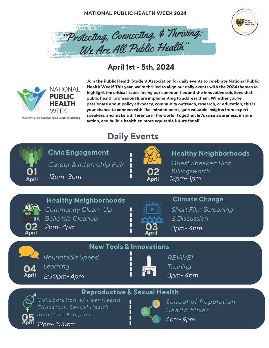 It's National Public Health Week! VCU's Public Health Student Association has partnered with the School of Population Health to host a series of fantastic events this week. Here's what's coming up!