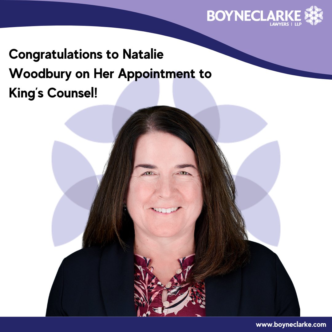 We are delighted to announce that Partner Natalie J. Woodbury has been appointed to King's Counsel!

To learn more about Natalie's appointment, click the link below:

boyneclarke.com/news/partner-n…
