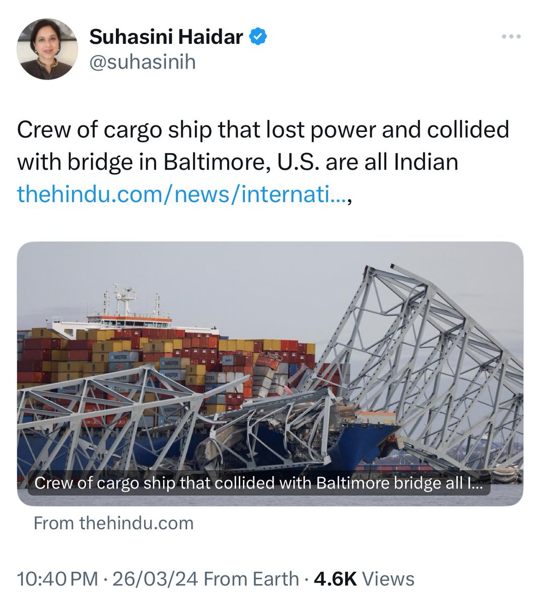 Baltimore bridge collapse: What The Hindu Journalist Suhasini Haidar didn't tell that there were 2 local US Pilots in the ship responsible for operating the ship. She also didn't post that Maryland Governor and USA President lauded Indian crew members for saving 100s of lives.