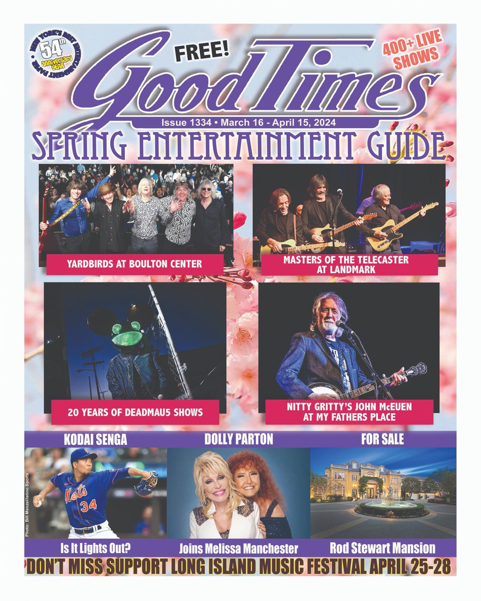 GoodTimesMag's tweet photo. New Good Times Magazine out now! Spring entertainment guide, 400+ shows on our monthly #music calendar, the Yardbirds, Dolly Parton, and more! Copies available at 300+ locations or digitally FREE at https://t.co/mbICHGSknF 

#LongIsland #dollyparton #yardbirds #NewYorkCity https://t.co/FyhDQafvkG