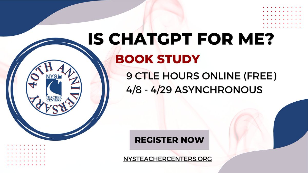 Is ChatGPT for Me? Book Study @nystc1 bit.ly/NYSTCCatalog #ByTeachersForTeachers #NYSTC40 @nysednews @nysut <REGISTRATION> mylearningplan.com/WebReg/Activit…