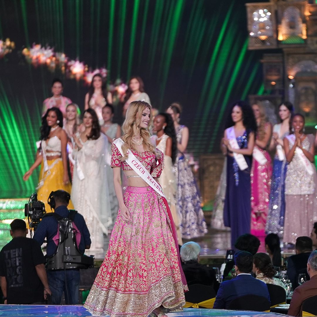 The newest Miss world in Archana Kochhar for 71th Miss World. Krystyna Pyszková #missworld #71stmissworld #archanakochhar #czechrepublic #fashion #indianfashion #bridallehenga