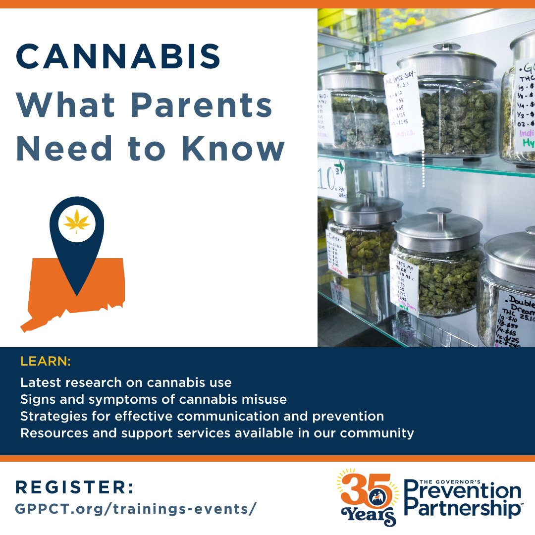 Join us tomorrow for 'Cannabis: What Parents Need to Know' as we cover the latest research on cannabis use and its effects on the developing brain, signs and symptoms of misuse, prevention strategies, and resources to support youth. Register today at gppct.org/trainings-even…