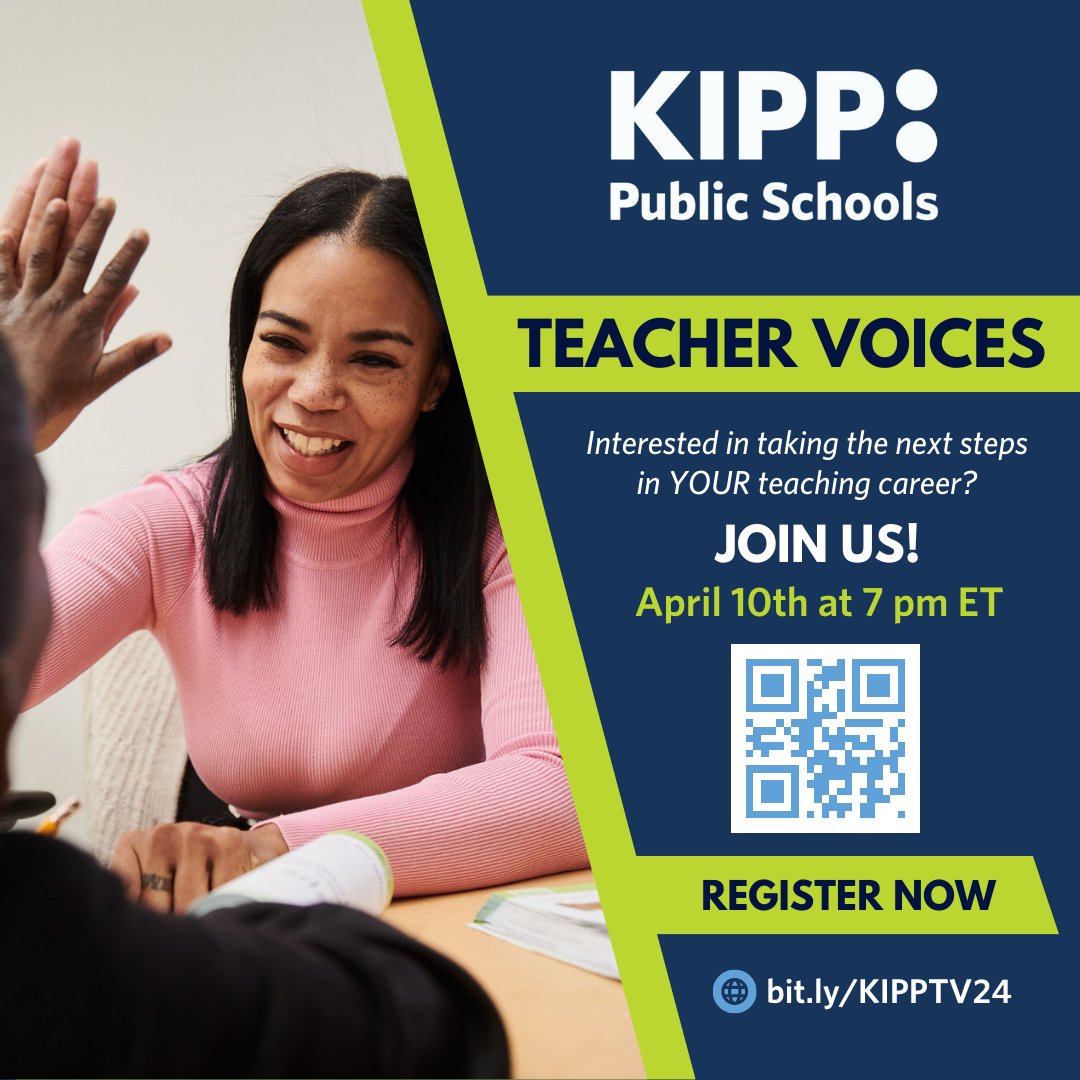 🌟 Save the date! 🌟 Join us on April 10th at 7 PM EST for exclusive insight on what it takes to become a teacher at KIPP Public Schools! Mark your calendars and get ready to be inspired! Register today at hubs.ly/Q02qV7Wl0 #KIPPTeacherVoices