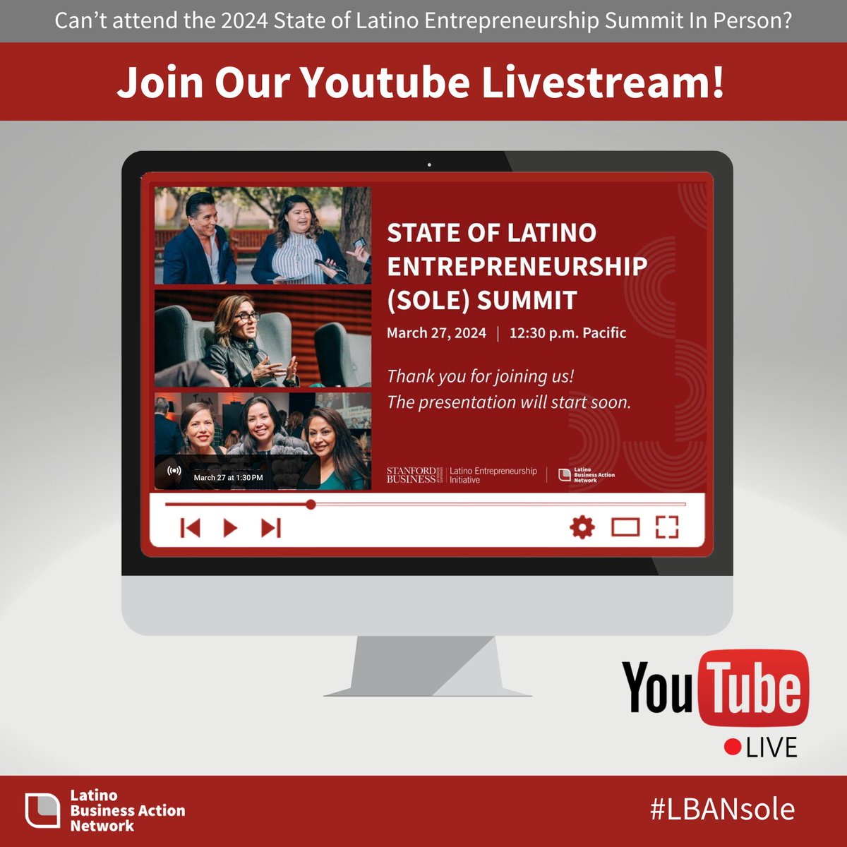 Can't join us in person for this year's State of Latino Entrepreneurship Summit at Stanford? Join our YouTube live and be part of the action! 

💻 We're going live in just 30 minutes, so set your reminders and tune in for insights, inspiration, and empowerment!