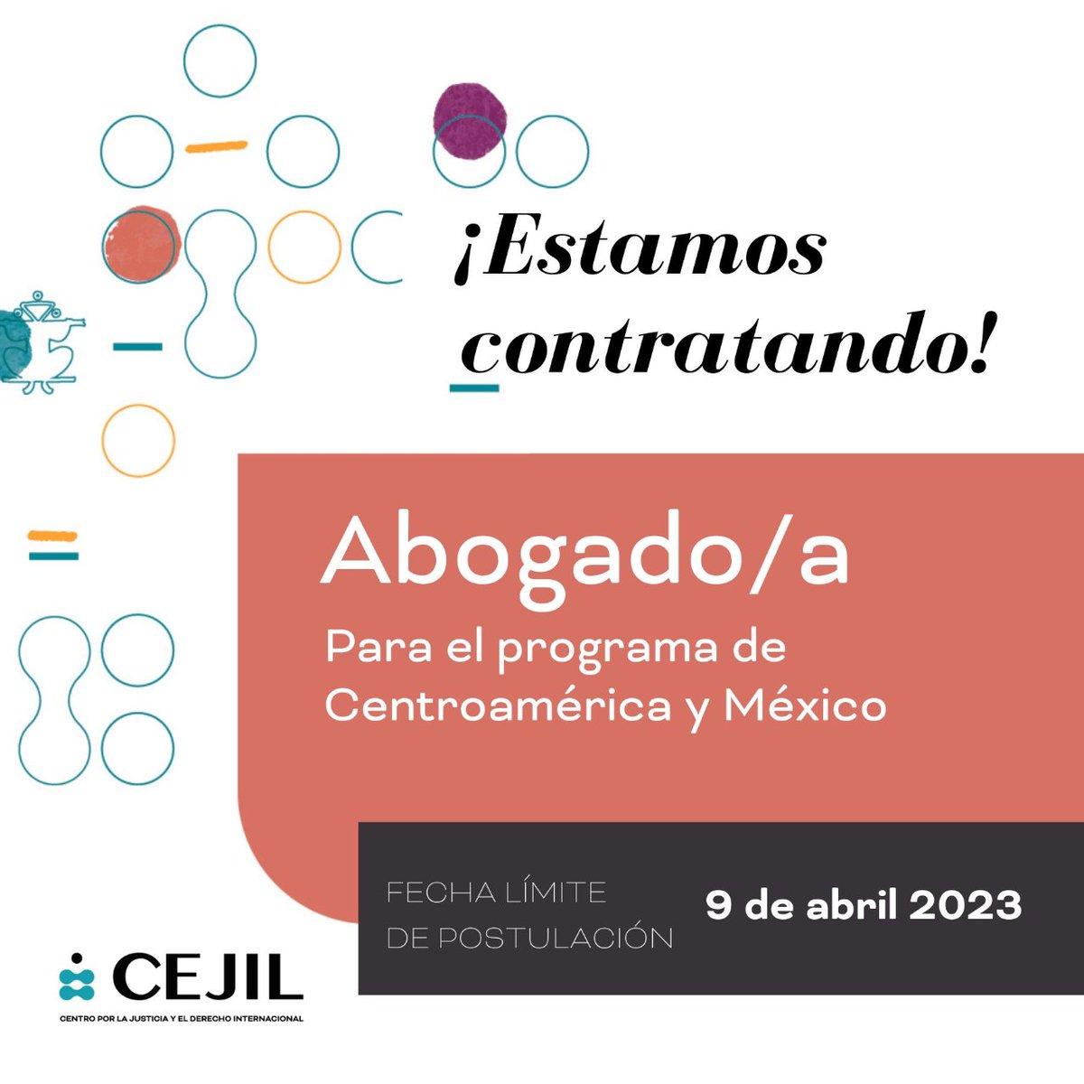 cejil's tweet photo. 🔵#Empleo | ¡Únete a #CEJIL para trabajar por la protección y promoción de los #DerechosHumanos!
⚖️Buscamos #abogado/a 
🗓️Tienes tiempo hasta el 9️⃣ de abril
📝Postula aquí👉https://t.co/Vh4JCeKeTE https://t.co/1ix2DFnvrG