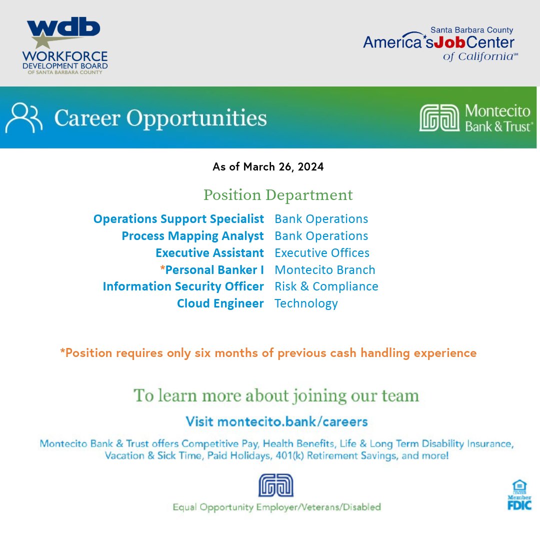 sbcajcc's tweet image. Exciting Career Opportunities at Montecito Bank &amp;amp; Trust! 🏦