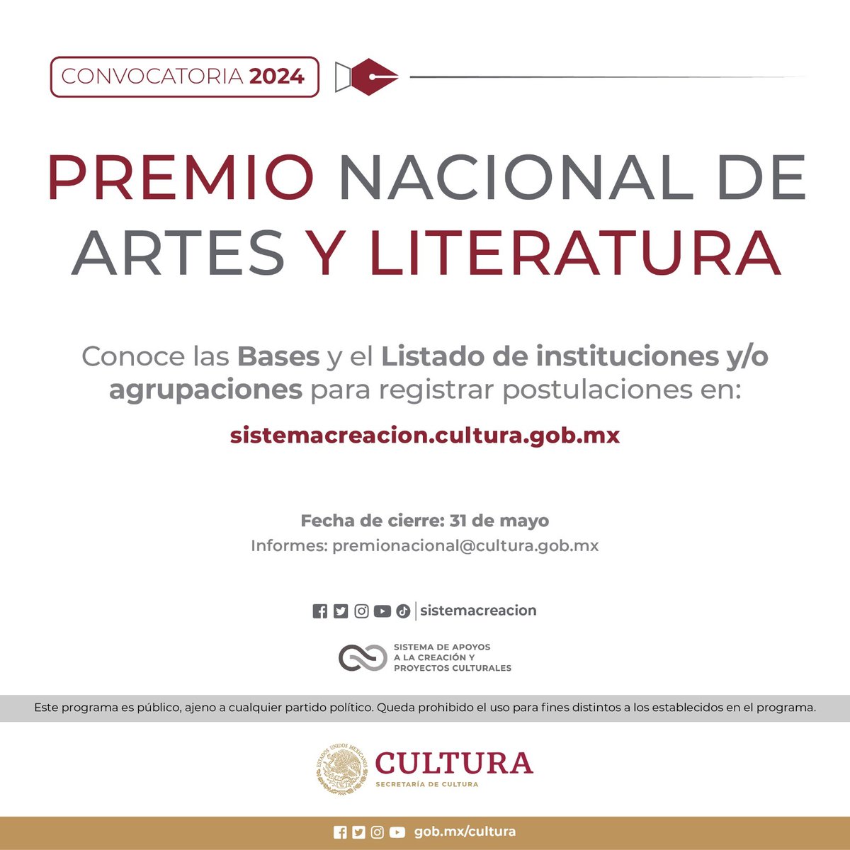 El @SistemaCreacion publica la convocatoria del Premio Nacional de Artes y Literatura 2024 🔸 Instituciones y agrupaciones podrán postular a personas de nacionalidad mexicana, cuyas creaciones, producciones o trabajos docentes de investigación o de divulgación contribuyan a…