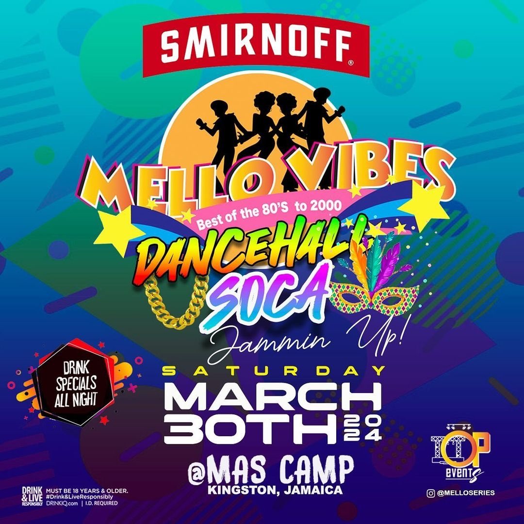 Smirnoff presents Mello Vibes DANCEHALL SOCA Edition on Saturday March 30 at Mas Camp!!!! We will be jamming to musical juggling by ZJ Liquid, Little Richie, Bad Gyal Marie and DJ Smoke💯🔥🎉🍻💃 Admission: $1500 presold and gate $2500. VIP $4,000 presold and $6,000 at the gate.