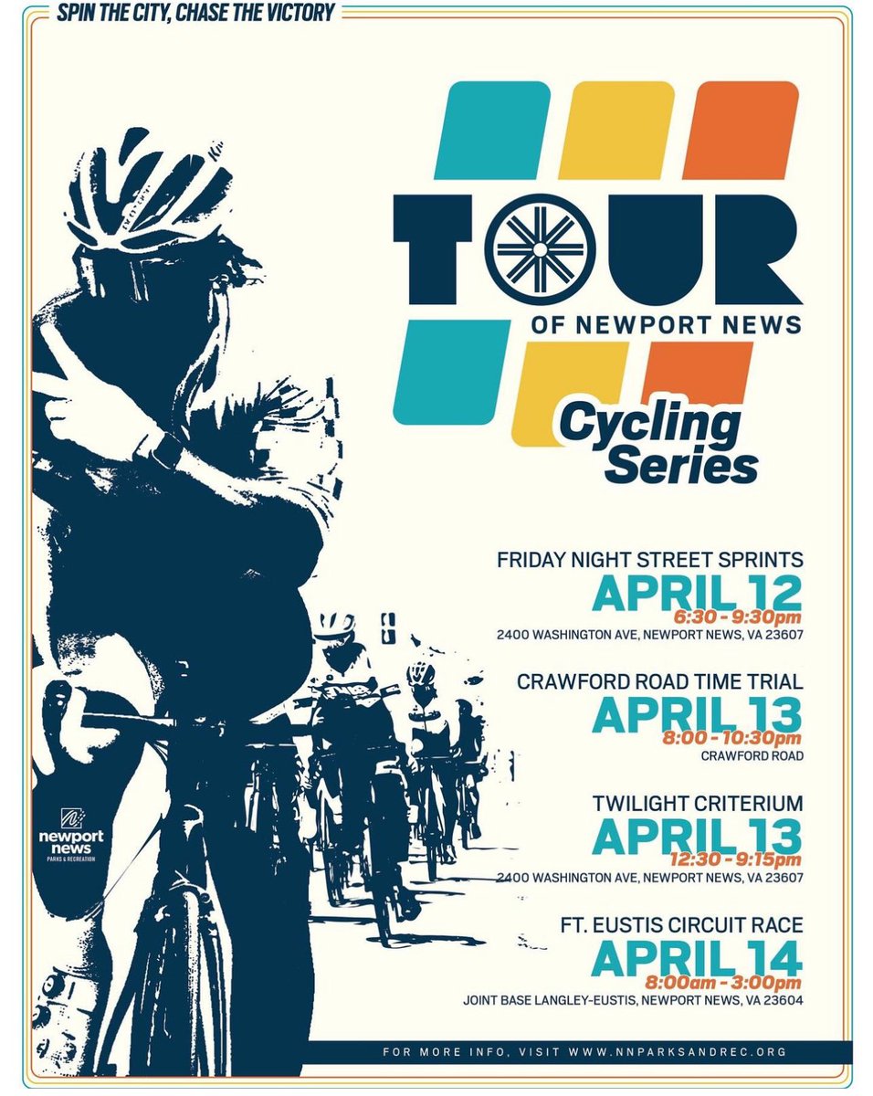 VA's largest weekend bike series returns to Newport News April 12-14.🚴‍♂️🚴‍♀️ Racers and spectators are invited to enjoy thrilling races in unique settings! Click the link below for more info! bikereg.com/tour-of-newpor… #newportnews #tourofnn