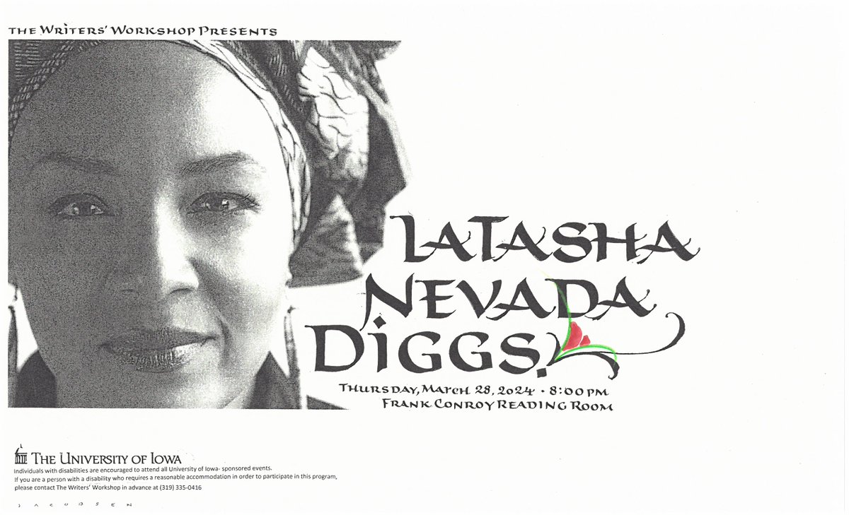 The Writers' Workshop presents a reading and Q&A with writer and sound artist, LaTasha N. Nevada Diggs Thursday and Friday, March 28 at 8 p.m. and March 29 at noon in the Frank Conroy Reading Room at Glenn Schaeffer Library/Dey House events.uiowa.edu/85862