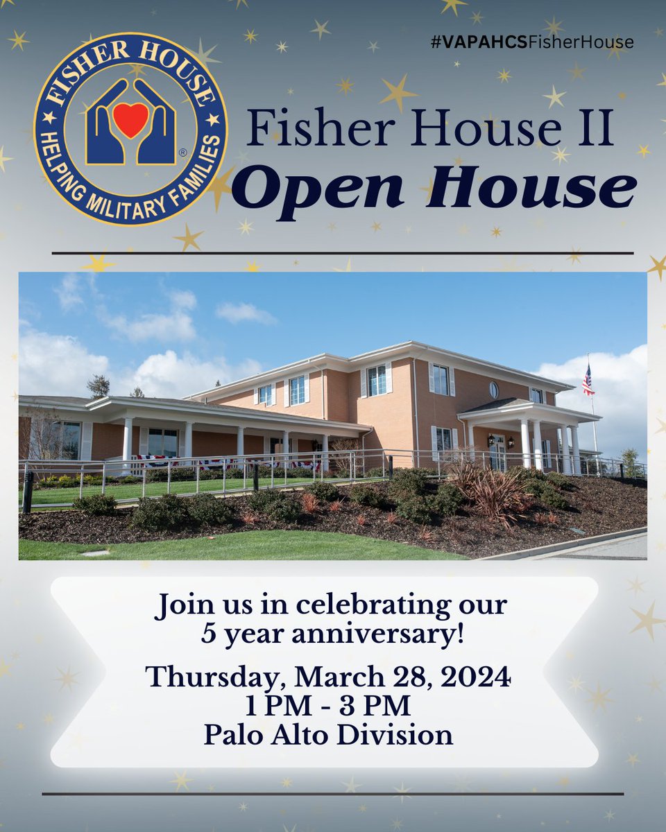 🌟Celebrating 5 Years at Fisher House II🌟 Veterans, families & staff, join us to mark 5 years of dedicated care at Palo Alto’s Fisher House II. Discover our impact & meet the team at our open house. Light refreshments on us. See you there!