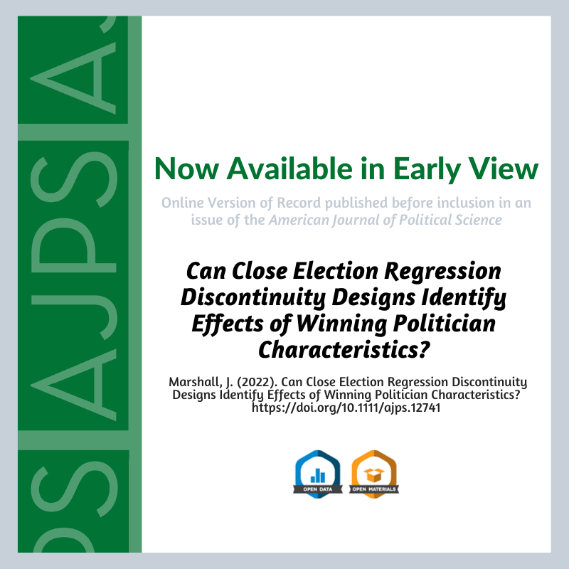 Can Close Election Regression Discontinuity Designs Identify Effects of Winning Politician Characteristics? by John Marshall is now available in Early View. ajps.org/2024/03/27/can…