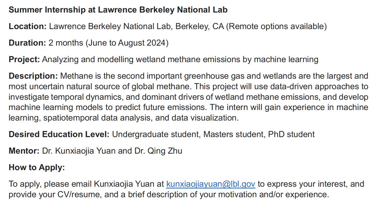 KunxiaojiaYuan's tweet photo. PLEASE SHARE: We are hiring a summer intern at Lawrence Berkeley National Lab, working with me and Dr. Qing Zhu on a project about machine learning and wetland methane emissions. For more information, please email me at kunxiaojiayuan@lbl.gov https://t.co/BM8Fxaihln