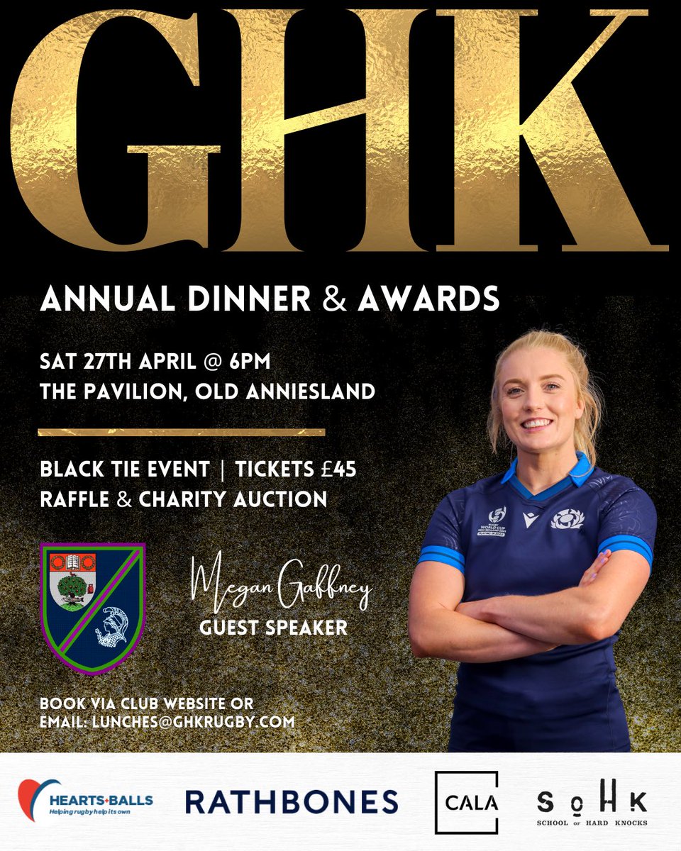 🥂 Save the date! The GHK annual dinner & awards, with special guest @MeganGaffney7 🎤 Thank you to our event sponsors for the evening @RathbonesGroup @CALAHOMES @heartsandballs @SOHKrugby ✉️ Please book online via the club shop (link in bio) or email: lunches@ghkrugby.com