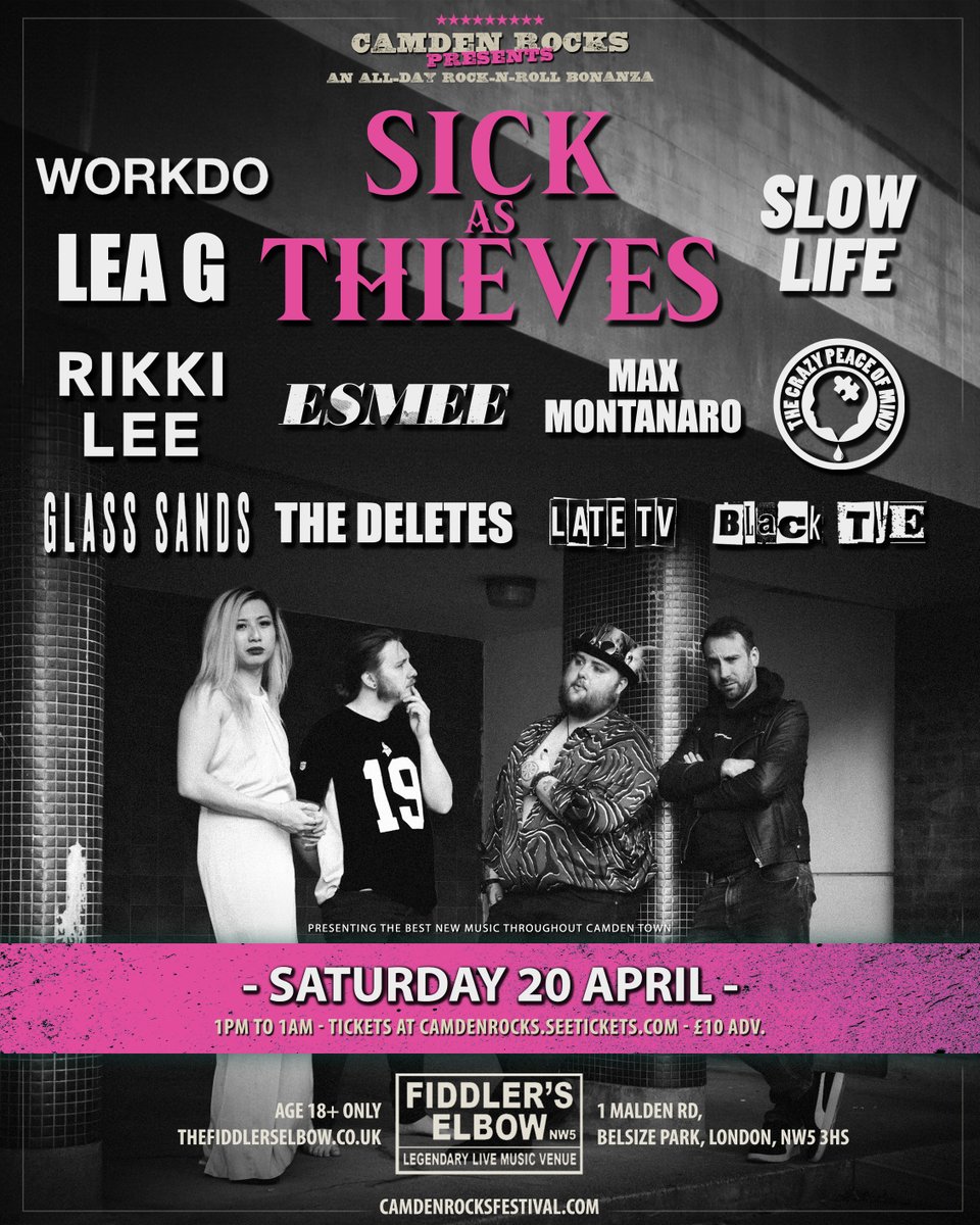 New Show 📣 #CamdenRocks presents an all-day rock-n-roll bonanza featuring #SickAsThieves @ThisIsWorkdo & more live at @FiddlersCamden, Sat 20 April followed by @CamdenRocksClub TICKETS & BAND LINKS 🎟️ fb.me/e/1SDLF2NTs