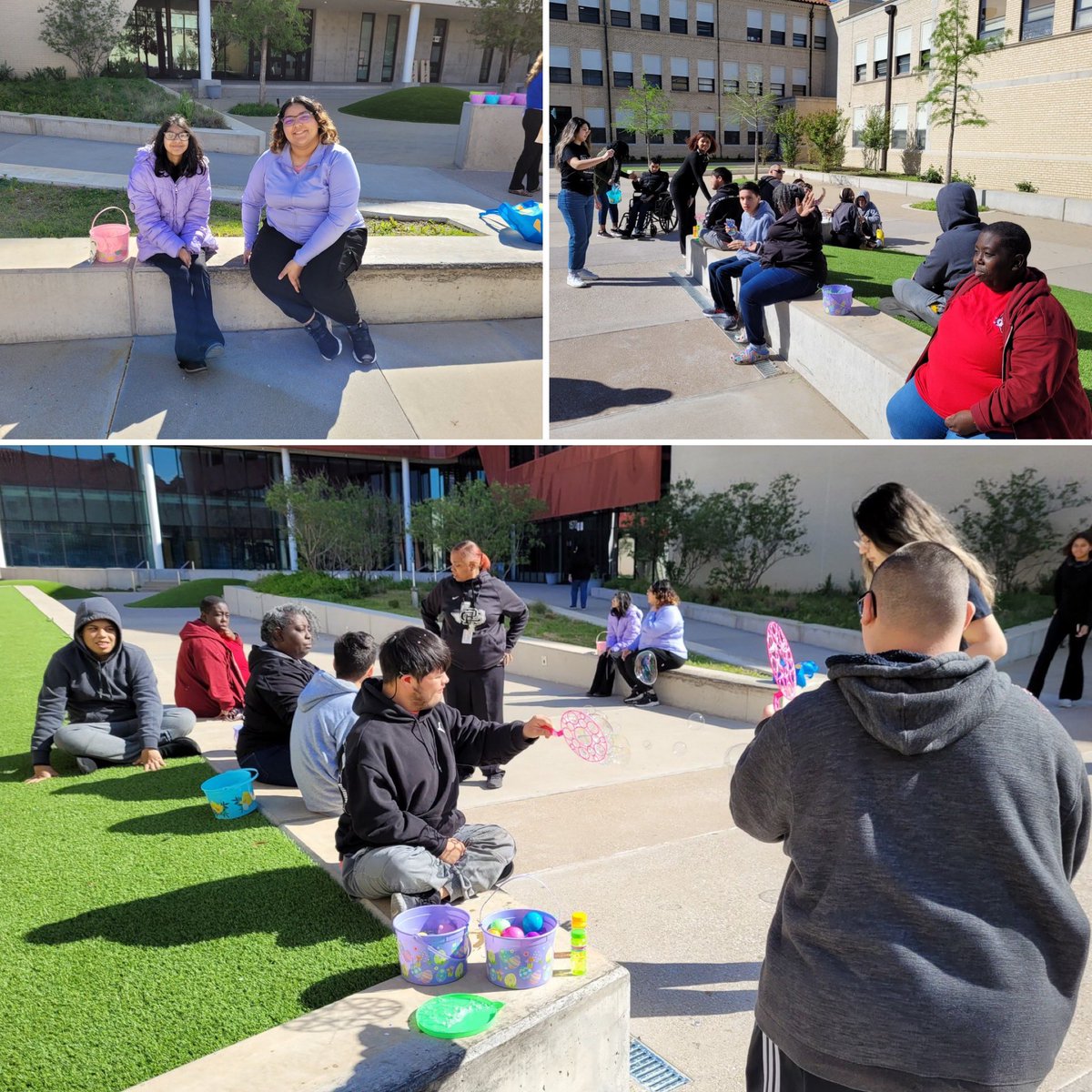 CRiversideHS's tweet photo. Thanks to our class councils for organizing an Easter Egg Hunt for our RISE students. 🐣🐰
Our students had a fun morning full of egg hunting, bubble blowing, chalk painting, and delicious cookies and refreshments.
#eaglepride #carternation #onefortworth https://t.co/dqM3biXhDH