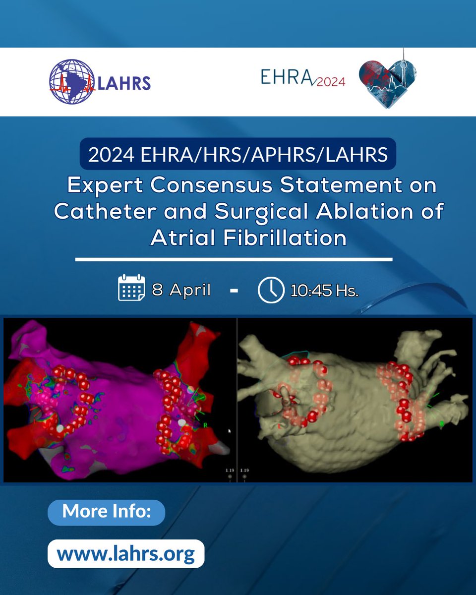 En el congreso #EHRA2024 se presentará el nuevo 'Consenso EHRA/HRS/APHRS/LAHRS sobre ablación por catéter y quirúrgica de FA' El 8 de Abril a las 10:45 hs en el Room 1 Te esperamos¡¡¡ Más información: lahrs.org/lahrs-en-el-co…