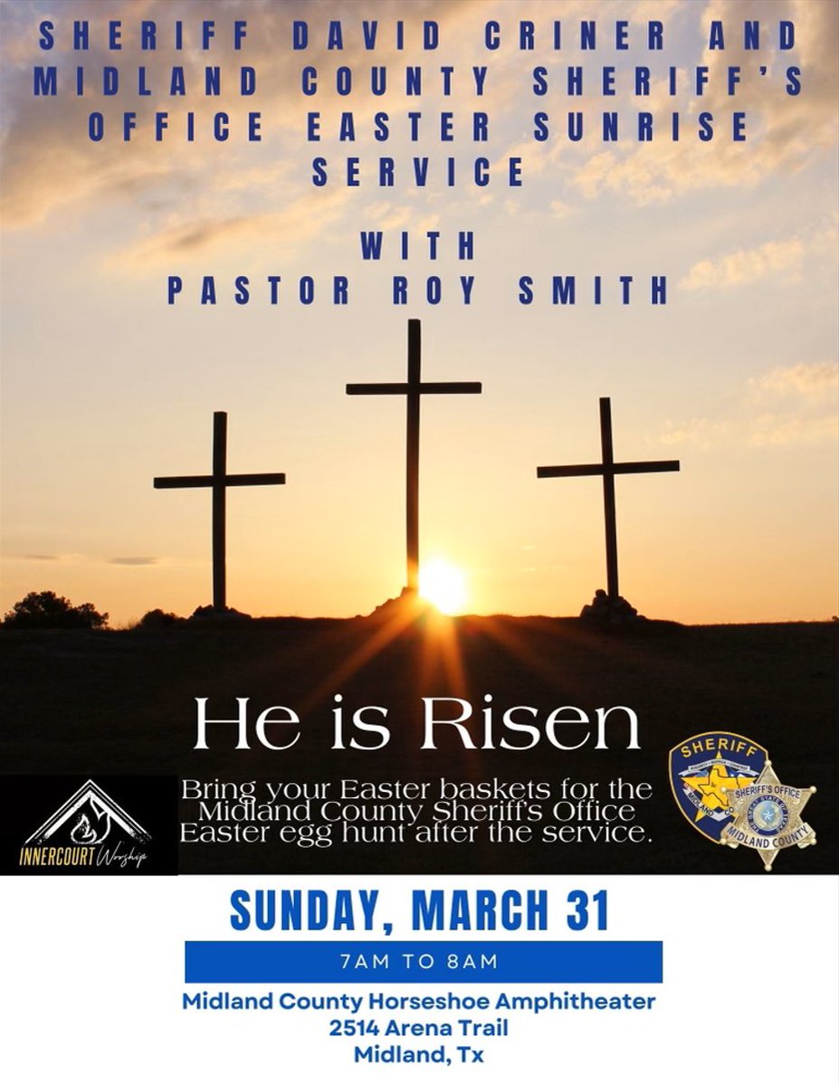 Midland County Sheriff's Office will hold an Easter egg hunt after the Easter Sunrise Service on Sunday, March 31, 2024, from 7 am to 8 am at Midland County Horseshoe Amphitheater, 2514 Arena Trail. See you there!
#midlandtxpd