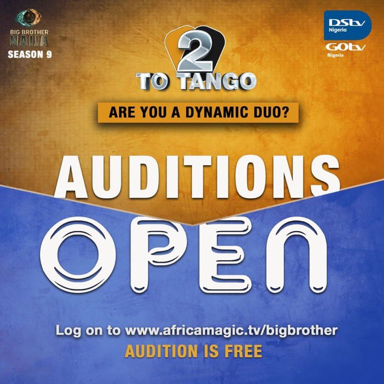 BBNaijaWorld's tweet photo. It’s official‼️ Auditions are now open!

The search for the Dynamic Duo is on! Could it be you and yours? We’ll never know until you both take that shot!

Biggie is waiting. Visit https://t.co/UHMgqYA9Uk to submit your entry.

#BBN9 #BBNaija #BBNAudition https://t.co/ajCBCDSuXI