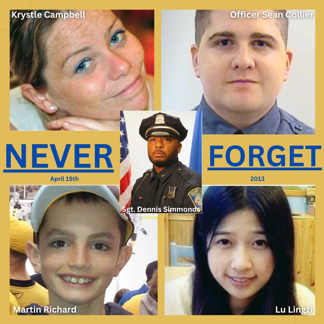 burlingtonpd's tweet photo. On #oneboston lets honor the memories of those we lost by celebrating each other with kindness.
Krystle, Officer Collier, Sgt. Simmonds, Martin, &amp; Lu Lingzi will continue to live on  in our hearts.

We will always be, forever, #bostonstrong

#Remember #BostonMarathon #NeverForget https://t.co/qBfXuZVfz8