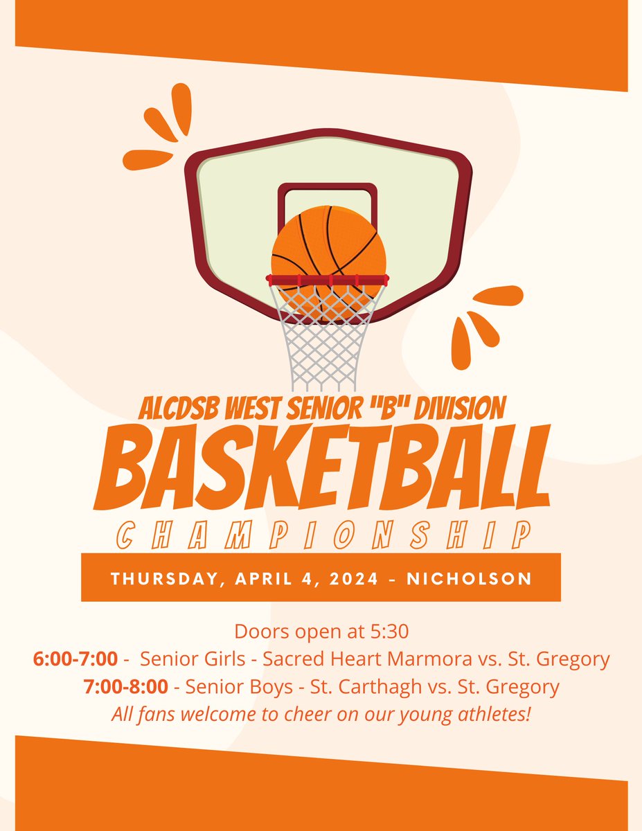 Charlie Aarts (@mrcaarts) on Twitter photo We are excited to witness our student athletes from <a href="/alcdsb_greg/">St. Gregory Picton</a>, <a href="/alcdsb_cart/">St. Carthagh Catholic School</a>, and @alcdsb_shrm for Basketball Championship night on April 3 at <a href="/nccschool/">Nicholson CC</a>.
Congrats to all of our athletes and coaches! We are excited to witness our student athletes from <a href="/alcdsb_greg/">St. Gregory Picton</a>, <a href="/alcdsb_cart/">St. Carthagh Catholic School</a>, and @alcdsb_shrm for Basketball Championship night on April 3 at <a href="/nccschool/">Nicholson CC</a>.
Congrats to all of our athletes and coaches!