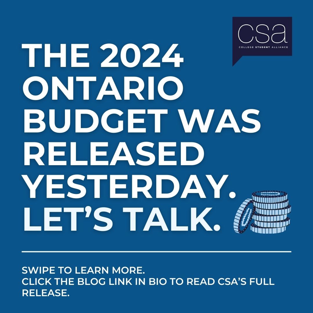 CSA_ON's tweet photo. The 2024 Ontario Budget was Released Yesterday. Let's Talk! Swipe to learn more about the budget and how it will impact college students. Click here to read our full analysis and release: 
https://t.co/C2sT4w9IyC https://t.co/TzpSePnsu4