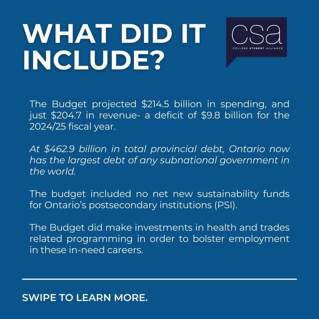 CSA_ON's tweet photo. The 2024 Ontario Budget was Released Yesterday. Let's Talk! Swipe to learn more about the budget and how it will impact college students. Click here to read our full analysis and release: 
https://t.co/C2sT4w9IyC https://t.co/TzpSePnsu4