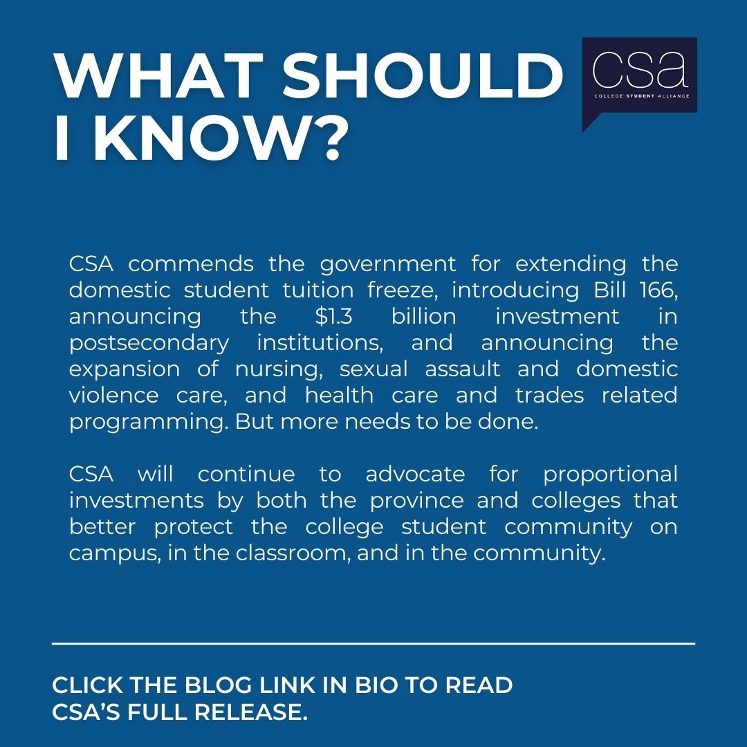 The 2024 Ontario Budget was Released Yesterday. Let's Talk! Swipe to learn more about the budget and how it will impact college students. Click here to read our full analysis and release: 
collegestudentalliance.ca/single-post/cs…