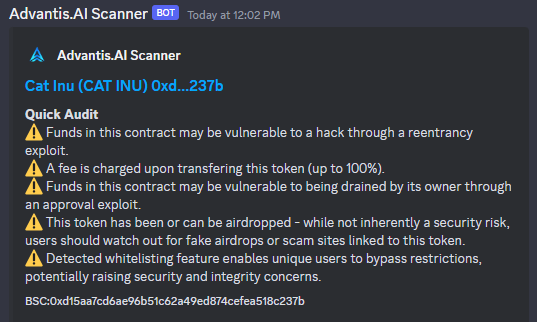 Yoitsz01's tweet photo. Looking for #Next100x trades ✅

What #DYOR process are you using to ensure you don't swap for a #rugpull 🤔

Example: #CATINU

CA: 0xD15Aa7cD6ae96b51c62A49eD874cEfeA518c237b

Outlook: 🚨#Rugpull🚨

#BeSafe use #AdvantisAI and don't get #rekt in #DeFi 

#AW3BOT #CryptoSecurity https://t.co/qerGZ5Lvlc