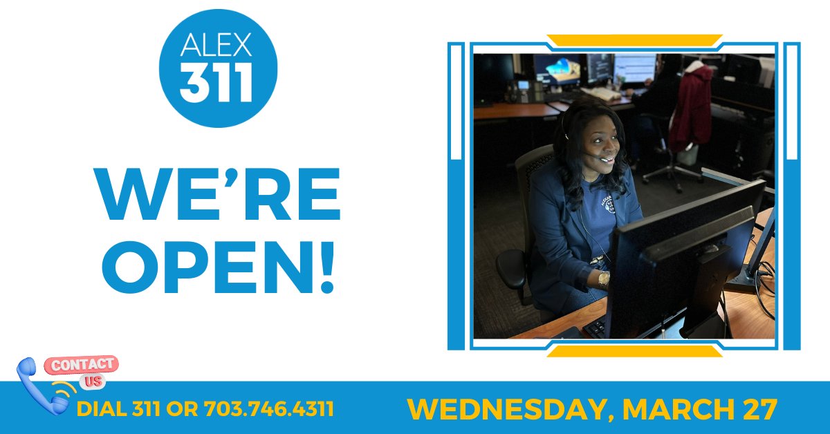AlexandriaVA311's tweet photo. If you need help with City services, start with #Alex311. Dial 311 or 703.746.4311 if you are outside Alexandria city limits. The contact center is open Monday - Friday from 7 a.m. - 7 p.m. 📞🌆 #AlexandriaVA https://t.co/E499NtN4lB