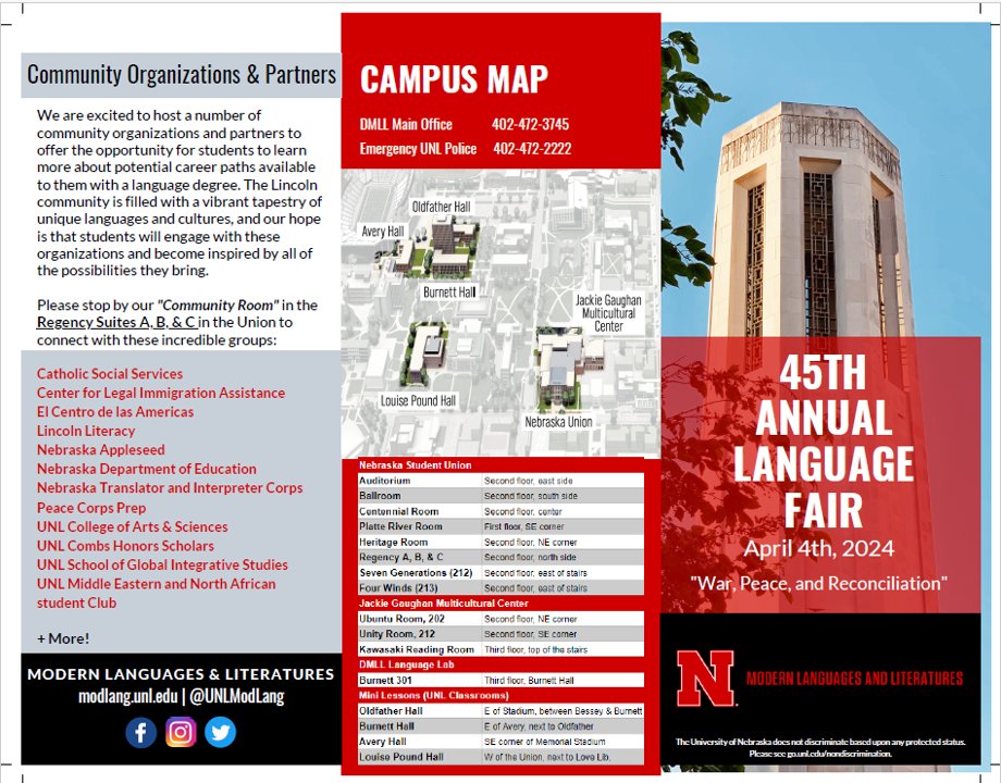 World Language teachers and students, please attend the UNL 45th Annual Language Fair! There will be competitive and non-competitive events at the City Campus Union on April 4th. @NDE_News @ESUCC @UNLModLang @LPSorg @OmahaPubSchool