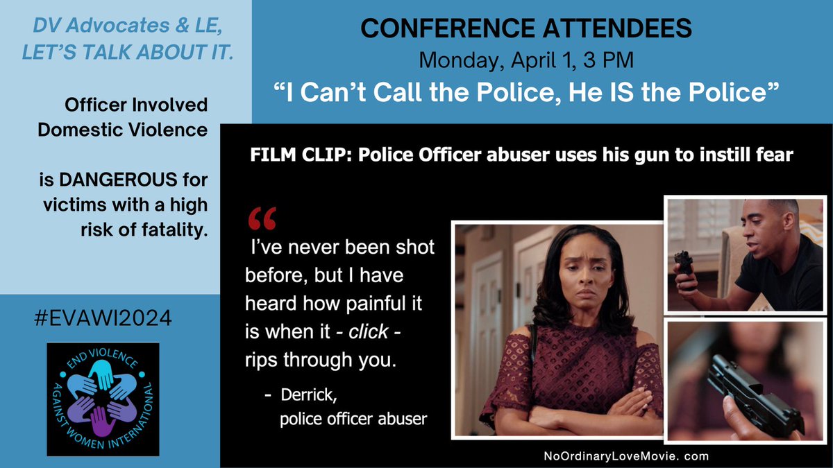 TracyRector1's tweet image. I’m honored to be presenting w/ Mark Wynn, leading expert in Officer Involved Domestic Violence in San Diego. If you’re attending the End Violence Against Women Intern&apos;l Conf., join us for “I Can’t Call the Police, he IS the police.” #evawi2024 #oidv  #noordinarylovemovie
