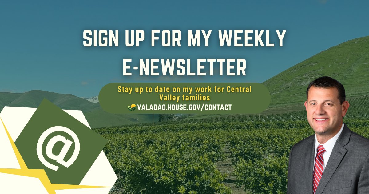 RepDavidValadao's tweet image. Want to learn more about my work in Washington on behalf of #CA22? Sign up for my e-newsletter to get weekly updates on my work in Washington directly to your inbox.
Sign up here: valadao.house.gov/forms/emailsig…