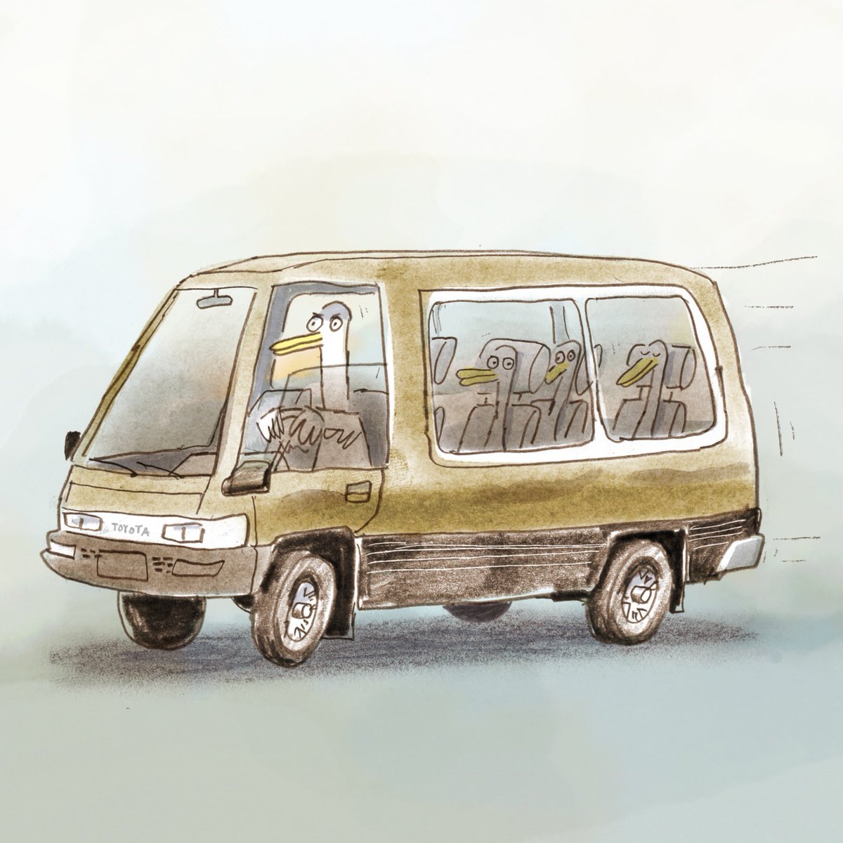 Playing about, experimenting, no reason. Just ducks and a van. Don’t know what they’re doing, where they’re going. #illustration #kidlitart #kidlitillustrator #van #toyota #duck #quack #illustrationjeunesse #pencil #workinprogress #characterdesign #characterdevelopment