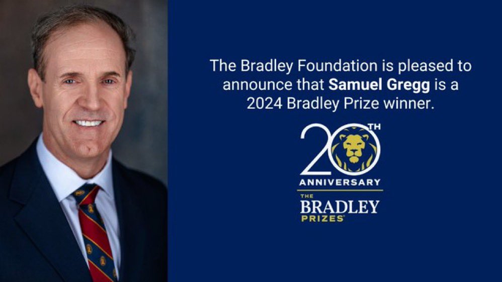 Today, we congratulate contributing editor @DrSamuelGregg for being awarded the Bradley Prize. For 20 years, @BradleyFdn has been recognizing individuals for work that exemplifies restoring, strengthening, and protecting the principles and institutions of American exceptionalism.