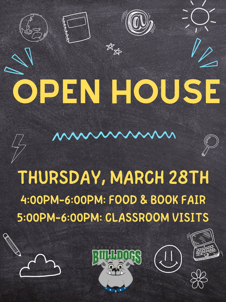 Reminder: Please join us for Open House on Thursday, March 28th, from 4:00PM to 6:00PM. The Book Fair will be open in the library, and food trucks will be available from 4:00PM to 6:00PM. Classroom visits are scheduled from 5:00PM to 6:00PM. We hope to see you there!